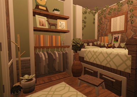 Bloxburg Custom Bed Ideas, Bloxburg Custom Bed, Aesthetic Sage Green Bedroom, Bloxburg Village, Houses For Bloxburg, Light Green Rooms, Bloxburg Rp, Bloxburg Building Ideas, Aesthetic Sage Green