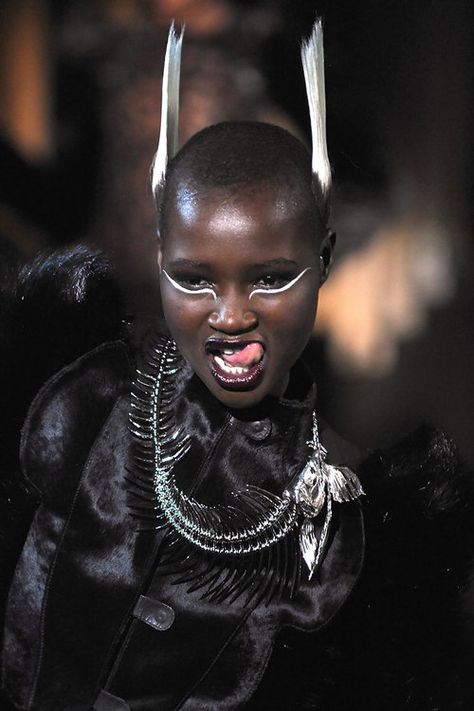 balenciagalux: Alek Wek for Thierry Mugler Fall 2012. Mugler Necklace, Ataui Deng, Mugler Makeup, Makeup Runway, Space Babe, Alek Wek, Thierry Mugler, Fashion Fits, Black Culture