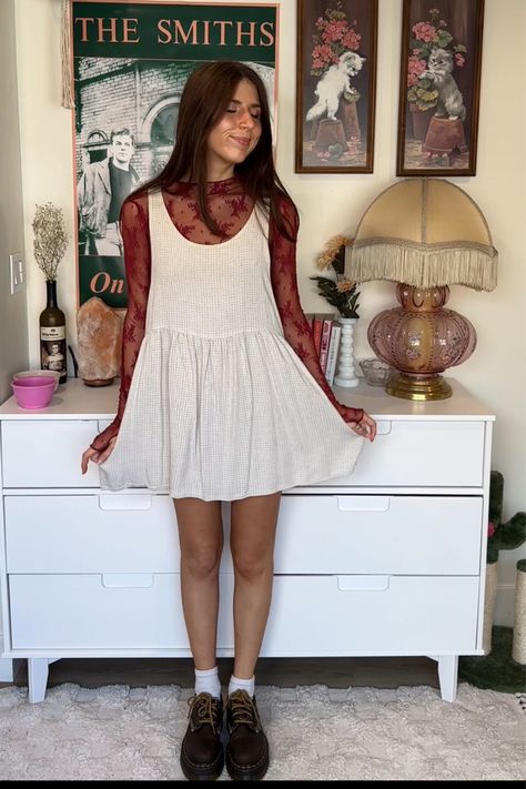 Lace Slip Dress Outfit Layering, Fall Dress Layering, Flowy Layered Outfit, Layer Crop Top Outfits, Outfit With Lace Undershirt, Dress With Lace Undershirt, Layer Dresses For Winter, Free People Lady Lux Layering Top Outfit, Lace Top Under Dress