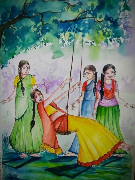 Composition Painting Watercolour Easy, Human Composition Drawing Watercolor, Picture Composition Painting, Composition Painting For Class 12, Human Composition Sketch, Simple Composition Drawing, Landscape Composition Painting, Human Figure Composition Painting Easy, Scenery With Human Figures