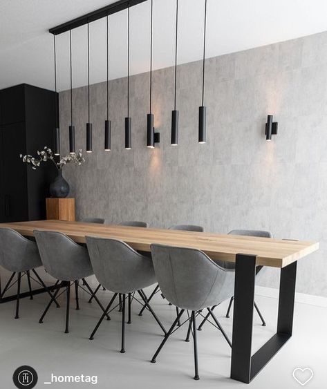 Wooden Table Grey Chairs, Dinning Room Table Light, Industrial Wooden Dining Table, Dinner Table Industrial, Dining Table Wooden Floor, Dining Table Grey Floor, Grey Floor Dining Room Ideas, Dinner Lighting Dining Rooms, Modern Minimal Dining Table