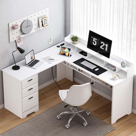 PRICES MAY VARY. 【Spacious Workspace and Storage Space】: Our white L shaped desk with 60” x 60” desktop can provide enough space for 4 monitors. This L shaped desk with 3 drawers and shelf maximally utilizes your space and provide enough space for storing books, files. 【Reversible Monitor Stand】: The monitor stand is reversible, and you can work on either the right or left side. The movable computer monitor stand is designed to an appropriate height, providing a more comfortable and ergonomic wo Large L Shaped Desk With Storage, L Shaped White Desk With Drawers, Computer Table White, White Corner Desk Office, Desk Ideas L Shaped, White Corner Desk In Bedroom, L-shape Desk, L Shape Study Table Design Bedroom, L Desks