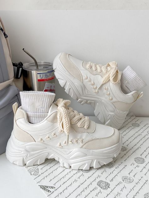 White Sporty Collar   Colorblock Chunky Sneakers Embellished   Women Shoes Chunky Shoe Aesthetic, Cool Shoes Sneakers, Aesthetic Chunky Shoes, Shoes Chunky Sneakers, Chunky Shoes For Women, Aesthetic Shoes For Women, Chunky Shoes Aesthetic, Chuncky Shoes, Cute Sneakers Nike