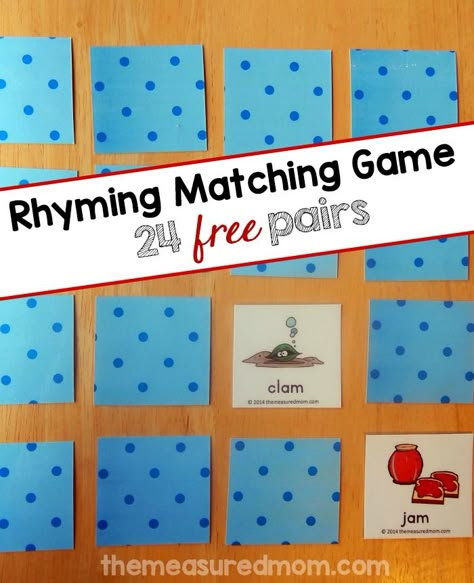 Looking for a free rhyming game? Print these 48 picture cards which include 24 rhyming pairs. Try this fun matching game with your preschooler or kindergartner! Kindergarten Rhyming, Rhyming Pairs, Rhyming Games, The Measured Mom, Measured Mom, Rhyming Activities, Literacy Games, Phonics Games, Preschool Literacy