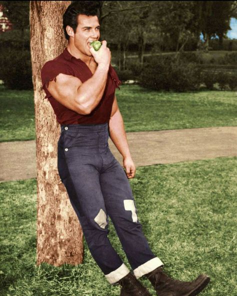 STEVE REEVES as Li'l Abner (play) natural bodybuilder, actor. 1950's. Li'l Abner, Steve Reeves, Shirley Jones, Le Male, Robin Williams, Saturday Night Live, Figure Skater, High Waisted Trousers, Golden Age