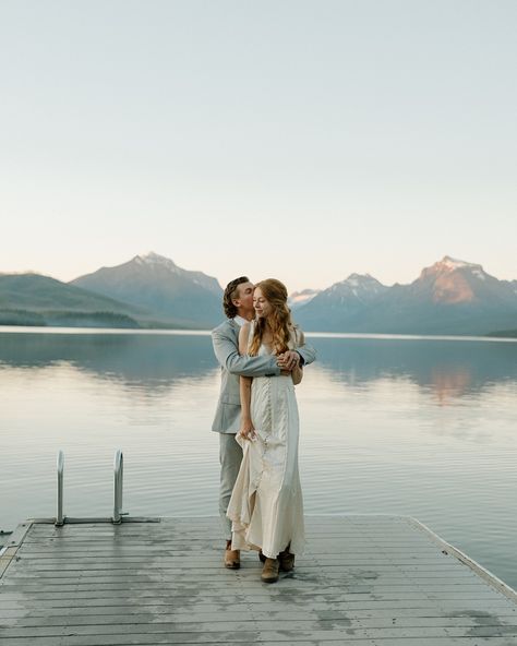 Excuse me while i SOB over these! Hannah + Dylan at Lake McDonald the day after their wedding was a DREAM! 🕊️🏔️🛶 Jumping Engagement Photos, Lake Mcdonald Montana Wedding, Lake Backyard Wedding, Engagement Shoot Lake, Lakeside Engagement Photos, Montana Engagement Photos, Mountain Lake Wedding, Lake Wedding Ideas, Lake Engagement Pictures