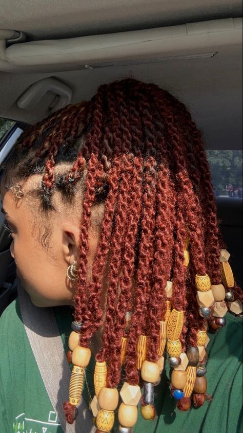 Senegalese Twists With Beads, Ginger Twist With Beads, Twists With Beads Hairstyles, Red Locs With Beads, Burgundy Mini Twists, Burgundy Marley Twists, Island Twist With Beads, Red Mini Twists, Red Twists Black Women