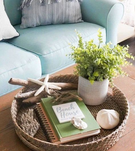 Coffee Table Top Decor Ideas with Coastal Theme Styled Trays Table Top Decor Ideas, Coastal Coffee Table Decor, Tray On Coffee Table, Coffee Table Styling Ideas, Table Styling Ideas, Table Tray Decor, Coastal Coffee Table, Top Decor Ideas, Coffee Table Vignettes