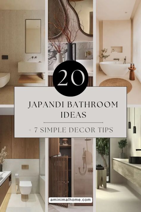 Japandi Bathroom Design Ideas & Tips - A Minimal Home Japandi Apartment Bathroom, Japanese Zen Bathroom Ideas, Bathroom Decor Japandi, Japandi Bathroom Storage, Bathroom Japandi Design, Japandi Bathroom Moodboard, Japandi Bathroom Color Palette, Japanese Spa Bathroom Ideas, Japanese Scandinavian Bathroom