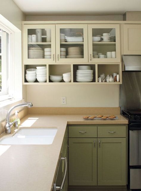 An Open Shelving Twist: Cabinet Cubbies — Kitchen Inspiration Kitchen Spotlights, Two Tone Kitchen Cabinets, Two Tone Cabinets, Upper Kitchen Cabinets, Two Tone Kitchen, Open Kitchen Shelves, White Dishes, Upper Cabinets, Trendy Kitchen