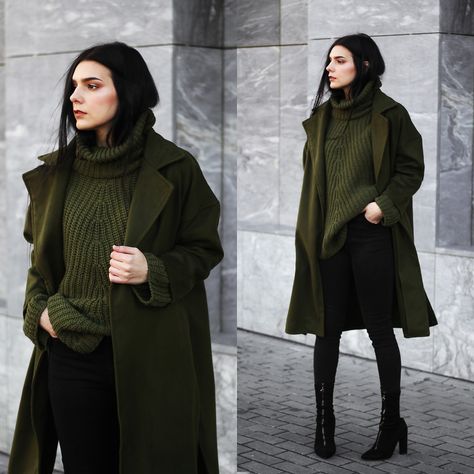 Hunter Green Coat Outfit, Long Green Jacket Outfit, Khaki Wool Coat Outfit, Green Coat Outfits For Women, Olive Coat Outfit, Green Wool Coat Outfit, Khaki Coat Outfit, Green Coat Outfit Winter, Green Coat Outfit