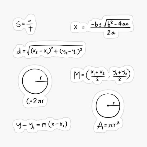 Stickers of Mathematic equations such as the quadratic equation, distance formula, midpoint formula, point slope equation. Math Stickers, Math Logo, Midpoint Formula, Math Doodles, Study Stickers, Distance Formula, Funny Laptop Stickers, Mathematical Equations, Gcse Math