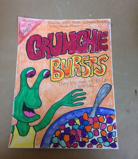 Create your own cereal box (cartooning) Create Your Own Cereal Box Project, Cereal Crafts For Kids, Diy Cereal Box Ideas, Aesthetic Cereal Box, Cereal Box Ideas, Aesthetic Cereal, Cereal Box Project, Elementary School Projects, Teacher Essentials