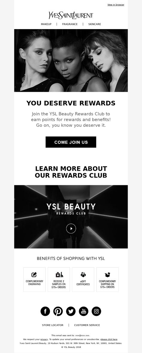 Loyalty & Rewards clubs Email Example - Yves Saint Laurent Beauty - James, You’re Invited: YSL Beauty Rewards Club - #LoyaltyClubEmails #EmailDesign - View 100s of loyalty and rewards clubs email templates and examples with MailCharts! Loyalty Program Email, Loyalty Marketing, Loyalty Club, Campaign Planning, Email Examples, Loyalty Rewards, Ysl Beauty, Loyalty Program, Change Of Address