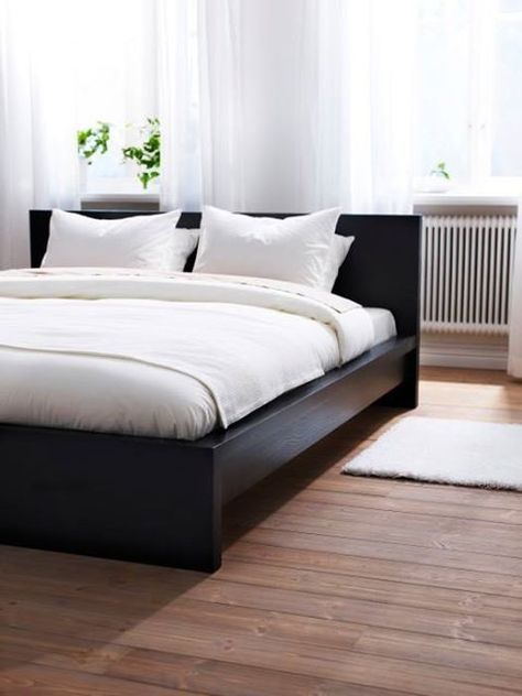 Bedroom Black Bed Frame, Bedroom Inspo Black, Bedroom Black Bed, Ikea Malm Bed, Bedroom Ikea, White Bedrooms, Malm Bed, Hack Ikea, Black Bed Frame