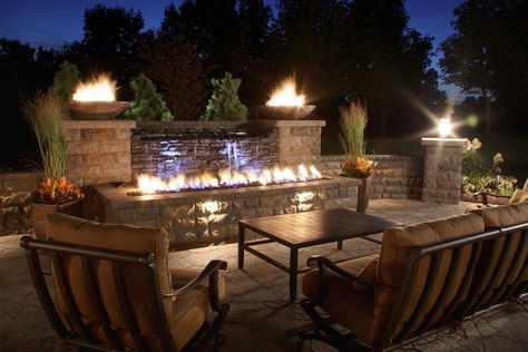 Fire Features – Project Type – Watkins Concrete Block Fire Pit With Water Feature Backyards, Fire Pit And Water Feature Ideas, Outdoor Fire Feature Ideas, Water And Fire Features For The Yard, Backyard Fire Features, Outdoor Fireplace With Water Feature, Pools With Fire Features, Outdoor Fire Feature, Fire Pit Water Feature