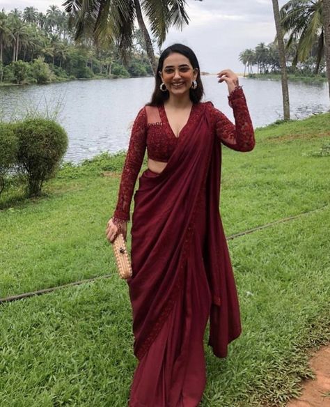 Wine Red Saree For Farewell, Wine Colour Saree For Farewell, Convocation Saree Graduation Indian, Wine Saree Look, Full Sleeve Blouse Designs Saree, Modern Saree Look For Wedding, Maroon Saree Look, Trendy Sarees For Farewell, Classy Saree Look