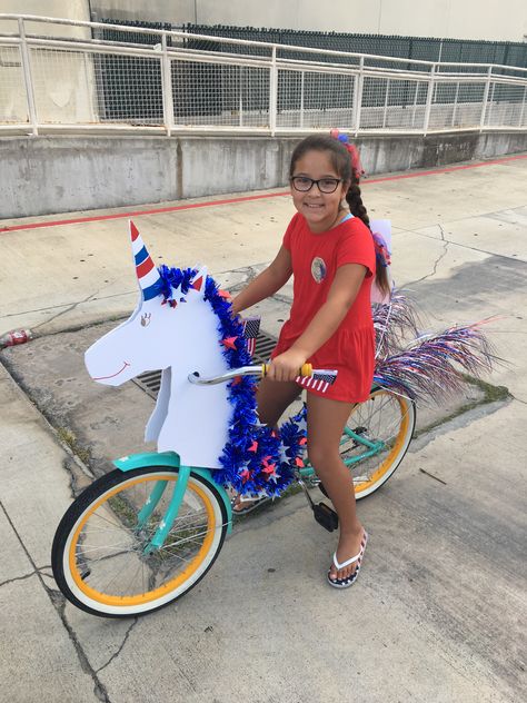 4th of July unicorn bike-2018 Bike Costume Ideas, Bike Parade Ideas, Bike Decorating Ideas For Parade, Bike Parade Decorations, Decorated Bike, Bike Decorating Ideas, Bike Costumes Bicycles, Christmas Bike Parade Decorations, Bike Parade Decorations Kids