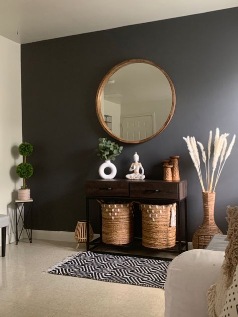 Accent Wall Grey Floors, Dark Statement Wall Bedroom, Slate Gray Accent Wall, Accent Black Wall Living Room, Modern Moody Living Room Accent Wall, Charcoal Wall Living Room, Charcoal Grey Accent Wall Living Room, Beige And Charcoal Living Room, Black Walls With Gold Accents