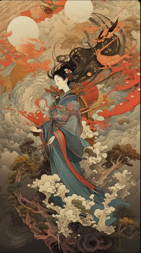 Asian Style Art, Chinese Woman, Japan Tattoo Design, Art Nouveau Illustration, Music Drawings, Japanese Artwork, Asian Painting, Bulldog Art, Japanese Illustration