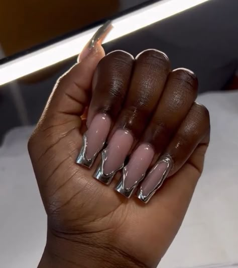 Chrome Nails Acrylic, Chrome Nails Silver, Drippy Nails, Summer Chrome Nails, Sliver Nails, Silver Acrylic Nails, Silver Nail Designs, Chrome Nails Designs, Halloween Acrylic Nails