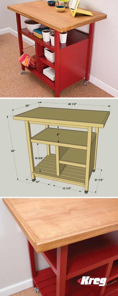 This kitchen cart offers a large work space + ample storage. Plus, the cart sits on casters, so you can roll it where you want it, and easily move it out of the way. Whether you use it as an island or as a cart that you pull out on occasion, you’ll appreciate everything it has to offer.Free printable plan with how-to steps, tools & materials list, cut list & diagram. Save Now - Build Later! Discover hundreds more DIY ideas + how-to videos at buildsomething.com! #woodworking #diyproject #kitchen Kitchen Island Diy Plans, Diy Kitchen Cart, Kitchen Island Storage, Rolling Kitchen Cart, Kitchen Island Plans, Cart Ideas, Kitchen Storage Cart, Kitchen Trolley, Diy Workbench