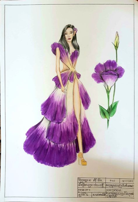 Flower Theme Dress Illustration, Flower Dress Sketch, Flower Dress Drawing Fashion Design, Flower Dress Design Drawing, Frock Drawing, Lisianthus Flower, Bride Fashion Illustration, Flower Dress Art, Flower Dress Design