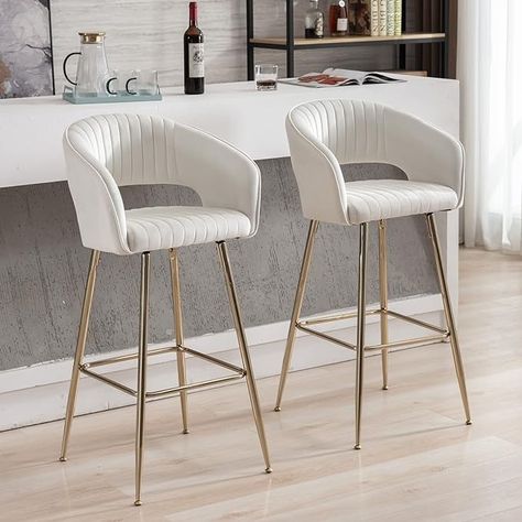 Amazon.com - QUINJAY 30" Cream Gold Bar Stools Set of 2, Velvet Upholstered High Dining Chairs with Tufted Back, Modern Kitchen Island Bar stools with Footrest Comfy Bar Stools for Kitchen Dining Room Home Pub - Chairs High Chairs For Kitchen Island, Kitchen Bar Stools With Backs, Phoenix Apartment, Kitchen Island Chair, Kitchen Island Bar Stools, High Dining Chairs, Kitchen High Chairs, White Marble Kitchen Island, White Kitchen Stools