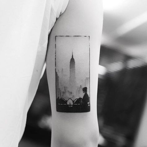 Xavier | Fine-line blackwork tattoo by Balazs Bercsenyi. #BalazsBercsenyi #fineline #blackwork #contemporary #newyork #empirestate #nyc | Tattoodo Acab Tattoo, New York Tattoo, Framed Tattoo, Nyc Tattoo, Stylish Tattoo, City Tattoo, Dot Work Tattoo, Tattoo Life, Fine Line Tattoos