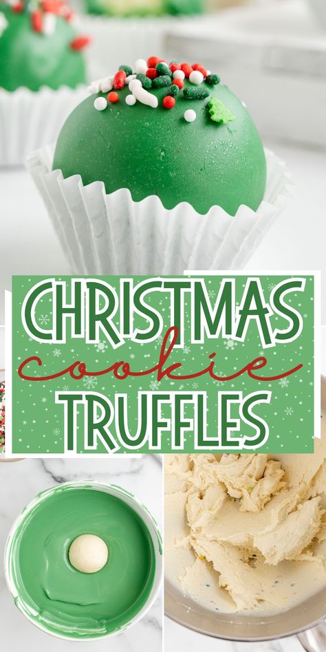 These festive Christmas Cookie Truffles use store-bought frosted Lofthouse sugar cookies to create little balls of sweet cookie goodness, dunked in chocolate, and then decorated with Christmas sprinkles. Loft House Cookie Truffle, Lofthouse Christmas Truffles, Oreo Cookie Truffle Balls, Christmas Cookie Truffles, Christmas Cookie Balls Recipes, Easy Bulk Christmas Cookies, Christmas Baking To Sell, Nutter Butter Christmas Cookies, Cakeballs Recipes