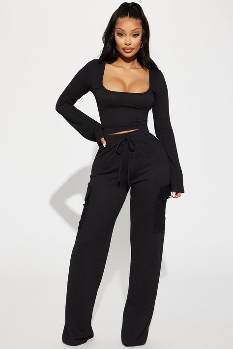 Women's Nobody Like Me Ribbed Pant Set in Black Size Small by Fashion Nova Sheer Clothing, Matching Sets Outfit, Fashion Nova Outfits, Scoop Neck Long Sleeve, Jeans Fashion, Style Jeans, Outfit Style, Fabulous Fashion, Green And Black