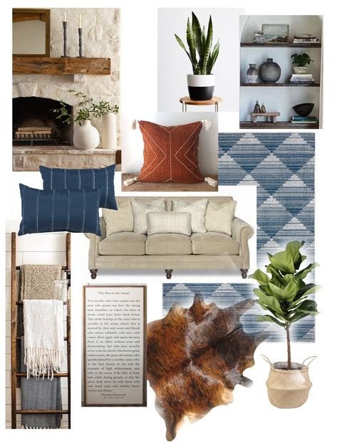 Navy Blue And Cowhide Living Room, Blue Desert Living Room, Navy Southwest Decor, Navy Tan And White Living Room, Navy Blue Rustic Living Room, Indigo Living Room Decor, Grey Blue And Rust Living Room, Western Blue Living Room, Neutral With Navy Living Room