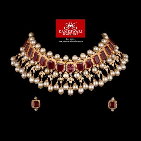 Ruby Choker Necklace Indian, Ruby Necklace Indian, Ruby Choker, Studded Choker, Kameswari Jewellers, Gold Chokers, Temple Jewelry Necklace, Choker Necklace Designs, Pearl Necklace Designs