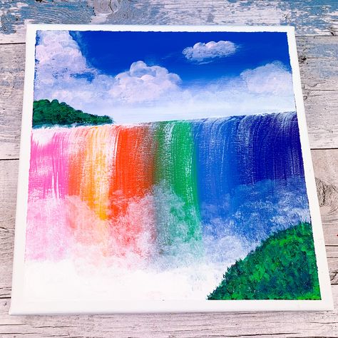 Pride Acrylic Painting, Paints For Beginners, Paint A Waterfall, Dreaming Art, Senior Crafts, Rainbow Waterfall, Painting On Canvas For Beginners, Simple Landscape, Beginners Painting