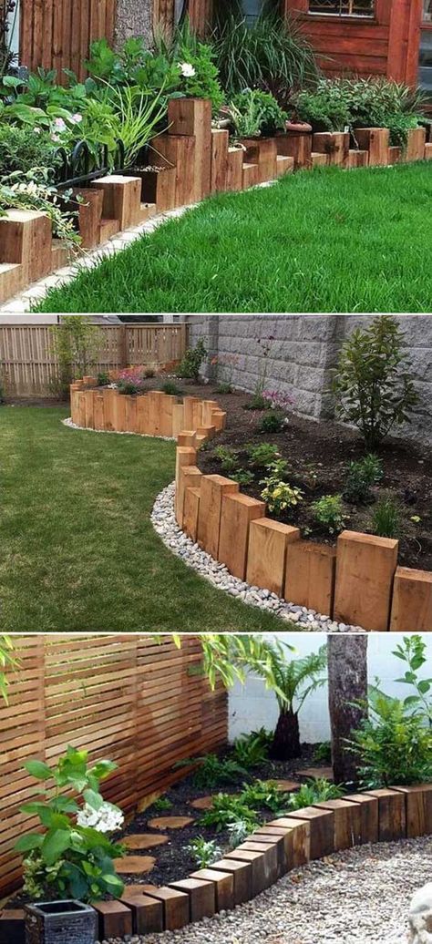 Raised Borders Garden Railway Sleepers, Vertical Railway Sleepers Garden, Garden Design Sleepers, Garden Edge Design Ideas, Garden Curved Border, Garden With Railway Sleepers, Garden Ideas Sleepers, Railway Sleepers Garden Curved, Sleeper Raised Beds Garden Edging