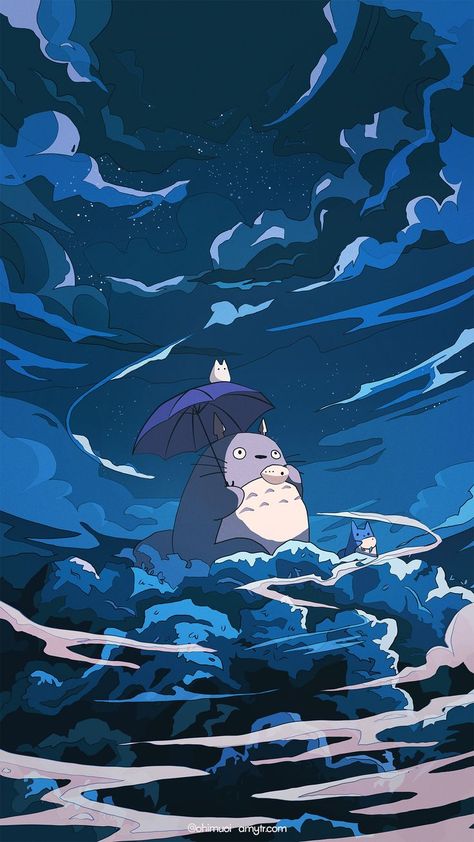 fanart of a scene from my neighbour totoro, totoro sitting atop trees Blue Totoro Wallpaper, Studio Ghibli Digital Art, Ghibli Simple Wallpaper, Studio Ghibli Fanart Wallpaper, Studio Ghibli Wallpaper Samsung, Studio Ghibli Night Wallpaper, Blue Ghibli Wallpaper, Ghibli Illustration Art, Blue Wallpaper Ghibli