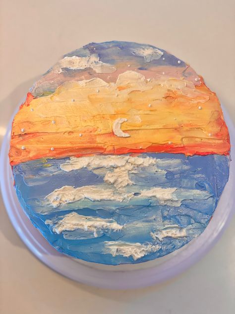 Sunset Cake Design, Sunset Birthday Cake, Sunrise Cake, Sunset Cake, Paint Cake, Ocean Cake, Fishing Cake, Malibu Sunset, Ocean Cakes