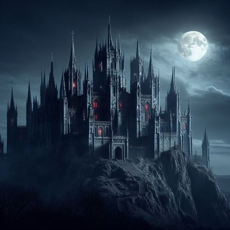 Dark Castle Interior, Dark Castle Aesthetic Interior, Castle Aesthetic Interior, Gothic Style Architecture, Castle At Night, Victorian Castle, Vampire Castle, African American Artwork, Dark Castle