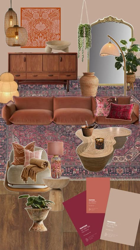 Bohemian Pink Living Room, Boho Vibe Living Room, Peach Couch Living Room, Eclectic Living Room Brown Couch, Eclectic Living Room Color Palette, Boho Girly Living Room, Artsy Eclectic Decor, Organic Modern Pop Of Color, Classy Colorful Living Room