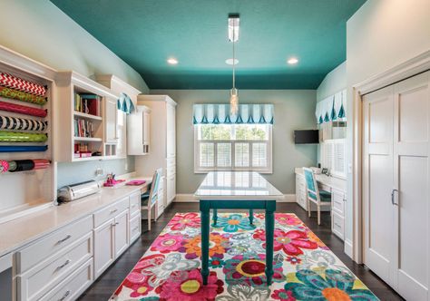 43 Clever & Creative Craft Room Ideas | Home Remodeling Contractors | Sebring Design Build Teal Ceiling, Design De Configuration, White Built Ins, Traditional Home Office, Home Remodeling Contractors, Sewing Room Design, Dream Craft Room, Craft Room Design, Scrapbook Room