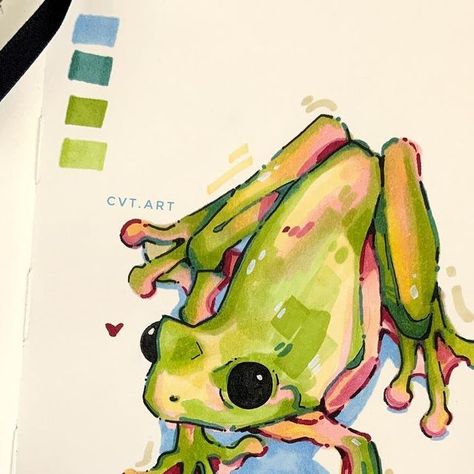 Frog Colored Pencil Drawing, Drawing Inspo With Color, Alcohol Marker Art Simple, Alcoholic Markers Art, Things To Draw With Watercolor Markers, Matcha Art Drawing, Frog Marker Drawing, Doodle Art With Markers, Animal Marker Drawing