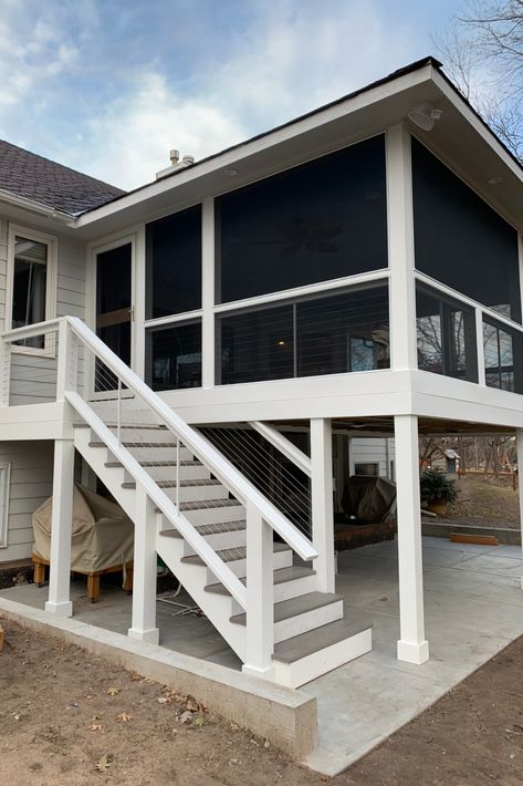 This is a modern second story screen porch made with SCREENEZE® by Creative Carpentry.   #SCREENEZE #NoSpline #UnobstructedViews #GorgeousPorch #LoveYourPorch #LoveYourHome #ScreenPorch #SecondStoryPorch Upper Balcony Over Porch, Double Decker Screened In Porch, Upper Deck Ideas Second Story Screened In Porch, 2 Story Porch Ideas, L Shaped Screened In Porch, 2nd Floor Screened In Porch, 2 Story Screened Porch Ideas, Second Story Screened In Porch And Deck, 2nd Story Screened In Porch