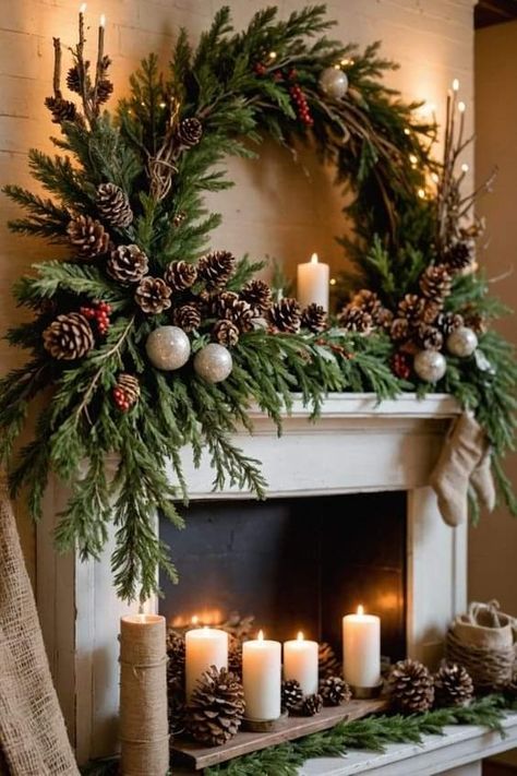 Christmas Candle Sticks Decor, Ceiling Beam Christmas Decoration Ideas, Christmas Without A Fireplace, Black Mantel Christmas Decor, Modern Holiday Decor Living Room, Christmas Decorating Fireplace, Fireplace Mantels For Christmas, Christmas Gnome Display Ideas, Christmas Decor Ideas Church Stage Decor