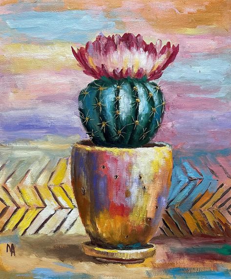 Cactus mania 🌵🌵🌵🌵😍🥰🥰 Oil painting on canvas board. 10’x 12’ Cactus Oil Painting, Cactus Oil Pastel, Gouache Cactus Painting, Succulent Painting, Blooming Cactus, Cactus Art, Digital Art Design, Textured Artwork, Small Paintings