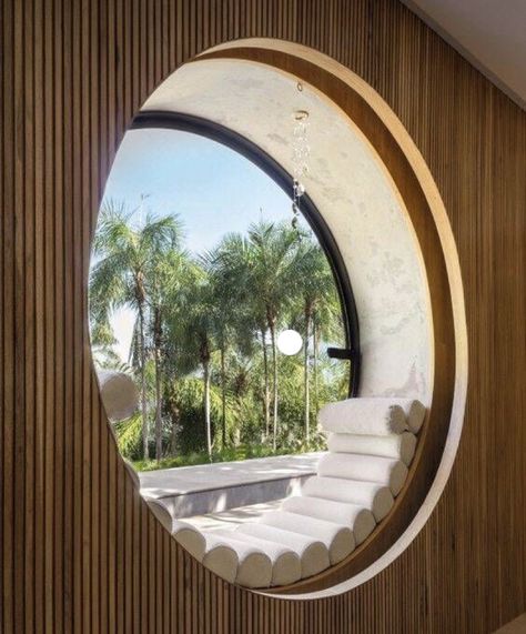 Interesting House Ideas, Shape And Form Interior Design, Modern Arched Windows, Room Window Design Modern, Circle Window Exterior, Circle House Design, Circle Window Design, Dream House Nature, Circles Architecture