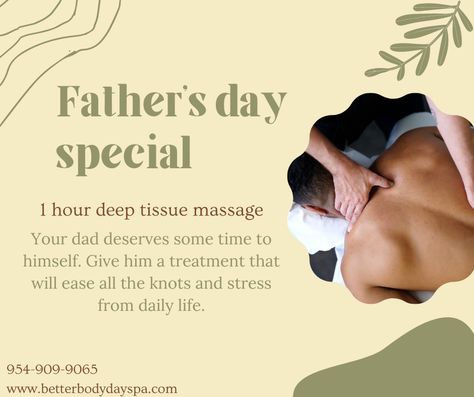 Father's Day specials!!! Book today by giving us a call at 954-909-9065, we also have gift cards available! Gift a special father something that they'll remember forever! Elite Aesthetics, Esthetician School, Spa Specials, Father's Day Specials, Better Body, Royal Green, Body Spa, Massage Room, Fathers Day Sale