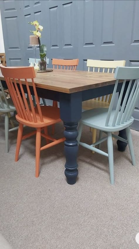 Blue Farmhouse Table, Wood Table And Chairs Makeover, Coloured Chairs Dining Table, Different Colour Chairs Dining Tables, Upcycled Dining Table Painted Furniture, Upcycle Farmhouse Table, Solid Pine Dining Table, Wood Table Chair Ideas, Old Table Modern Chairs