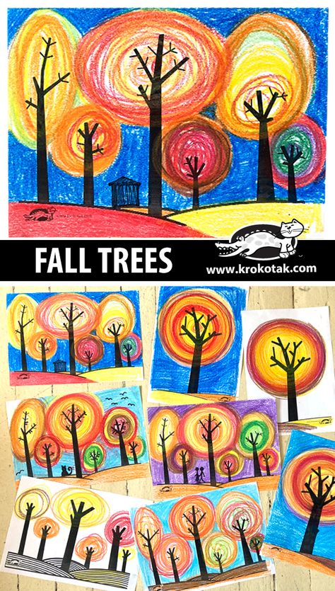 krokotak | FALL TREES Color Art Lessons For Kindergarten, September Crafts For Middle School, Fall Art Project 3rd Grade, September Elementary Activities, Fall Art Projects 2nd Grade, Kindergarten September Art, Fourth Grade Fall Art Projects, Color Lessons For Elementary Art, Kindergarten Shape Art Lesson