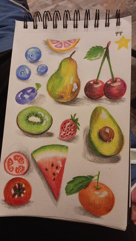 Fruit Drawing Aesthetic, Fruit Drawing Reference, Coloured Pencil Sketches, Color Pencil Drawing Ideas Creative, Fruit Drawing Pencil Sketches, Drawing Ideas With Colored Pencils, Fruit Drawing Pencil, Food To Draw, Watercolor Fruit Paintings