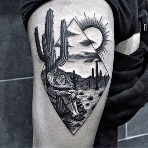 Tiraria o cara da figura, mas gosto.... talvez um pouco maior do que eu gostaria                                                                                                                                                                                 Mais Desert Tattoo, Upper Leg Tattoos, Thigh Tattoo Men, Arizona Tattoo, Mexico Tattoo, Tato Tradisional, Aztec Tattoos, Mexican Tattoo, Cowboy Tattoos